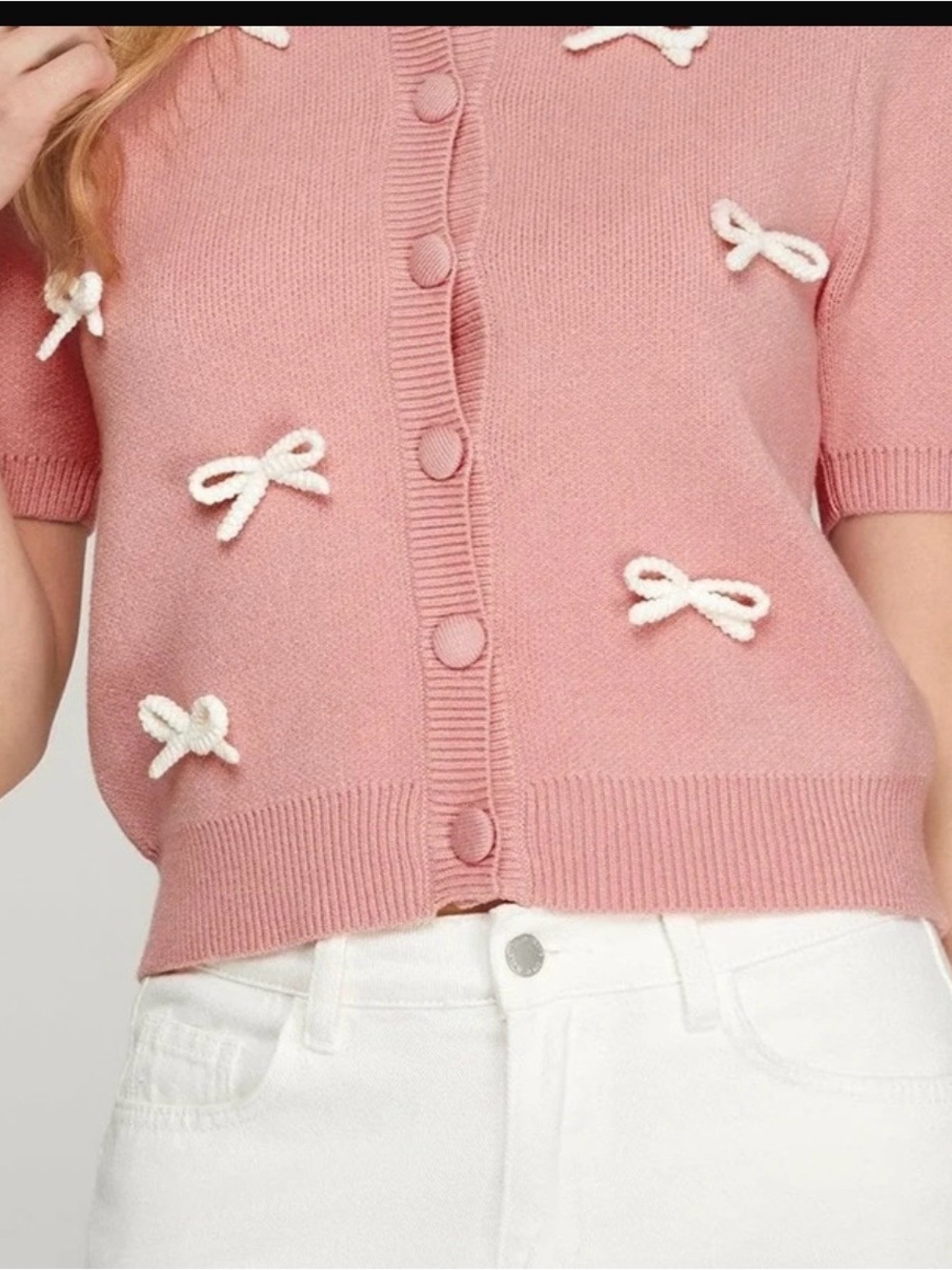 She + Sky Pink Knit Short-Sleeve Button Cardigan with Cream Bow Accents